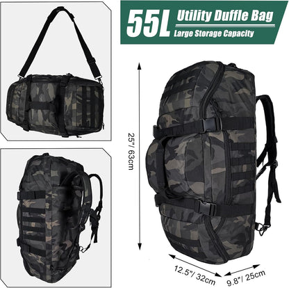 65L Large Duffle Bag, 3-in-1 Tactical Backpack MOLLE Pack for Sports, Gym, Outdoor, Black