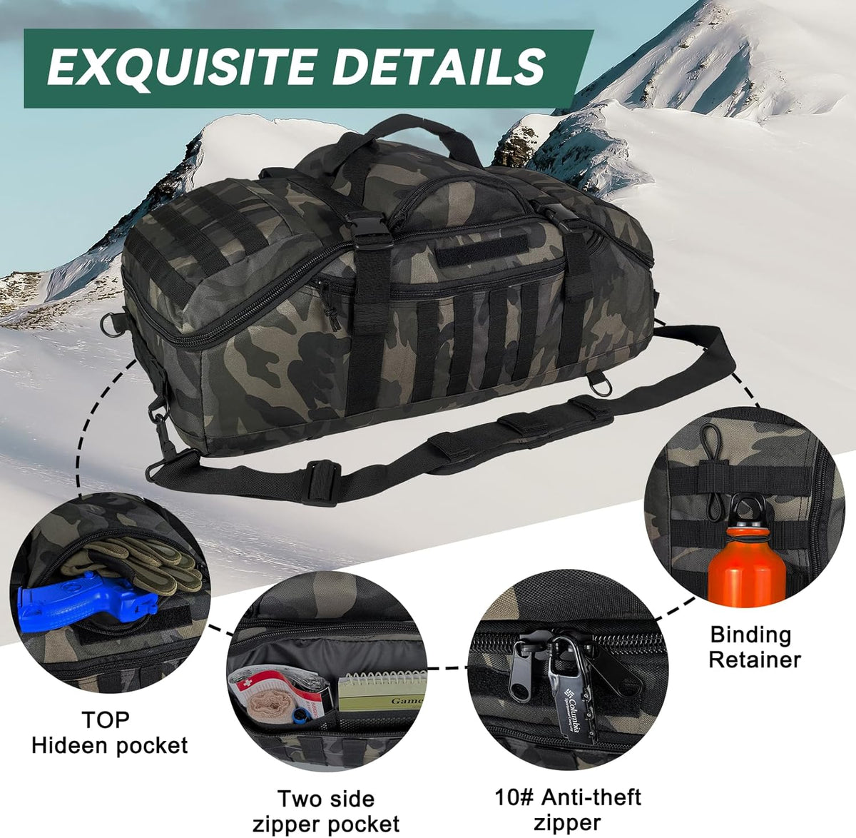 65L Large Duffle Bag, 3-in-1 Tactical Backpack MOLLE Pack for Sports, Gym, Outdoor, Black