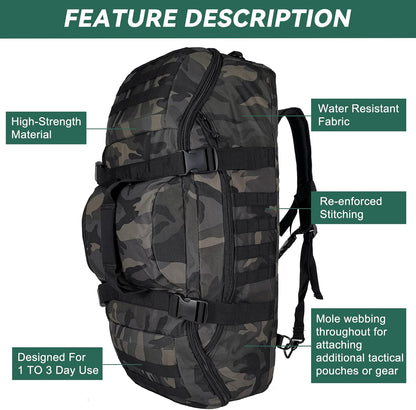 65L Large Duffle Bag, 3-in-1 Tactical Backpack MOLLE Pack for Sports, Gym, Outdoor, Black