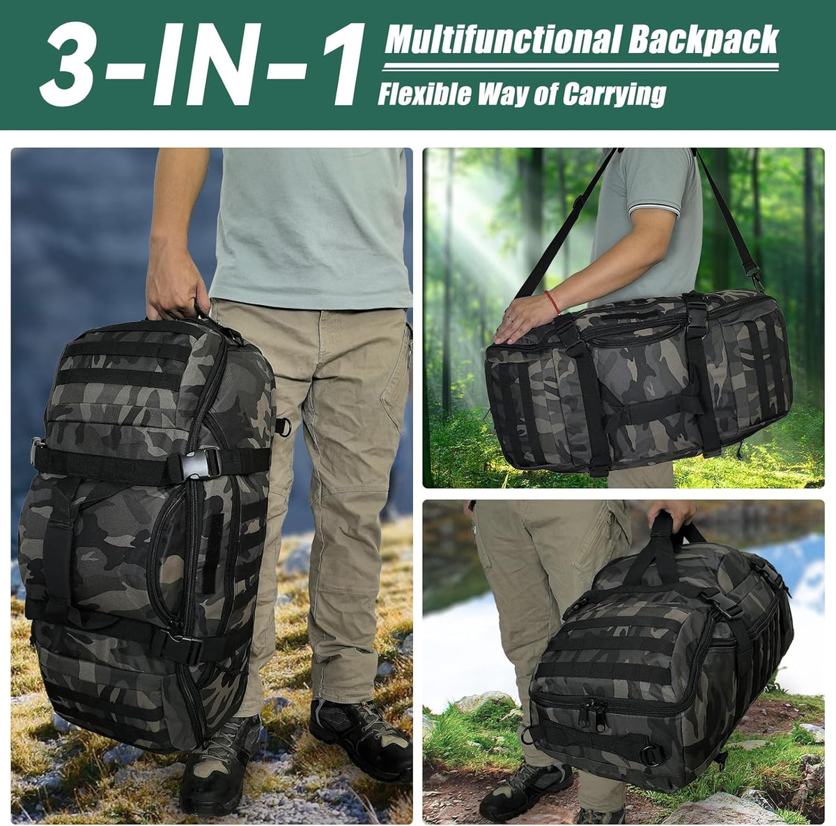 65L Large Duffle Bag, 3-in-1 Tactical Backpack MOLLE Pack for Sports, Gym, Outdoor, Black