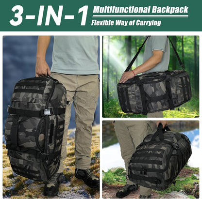 65L Large Duffle Bag, 3-in-1 Tactical Backpack MOLLE Pack for Sports, Gym, Outdoor, Black