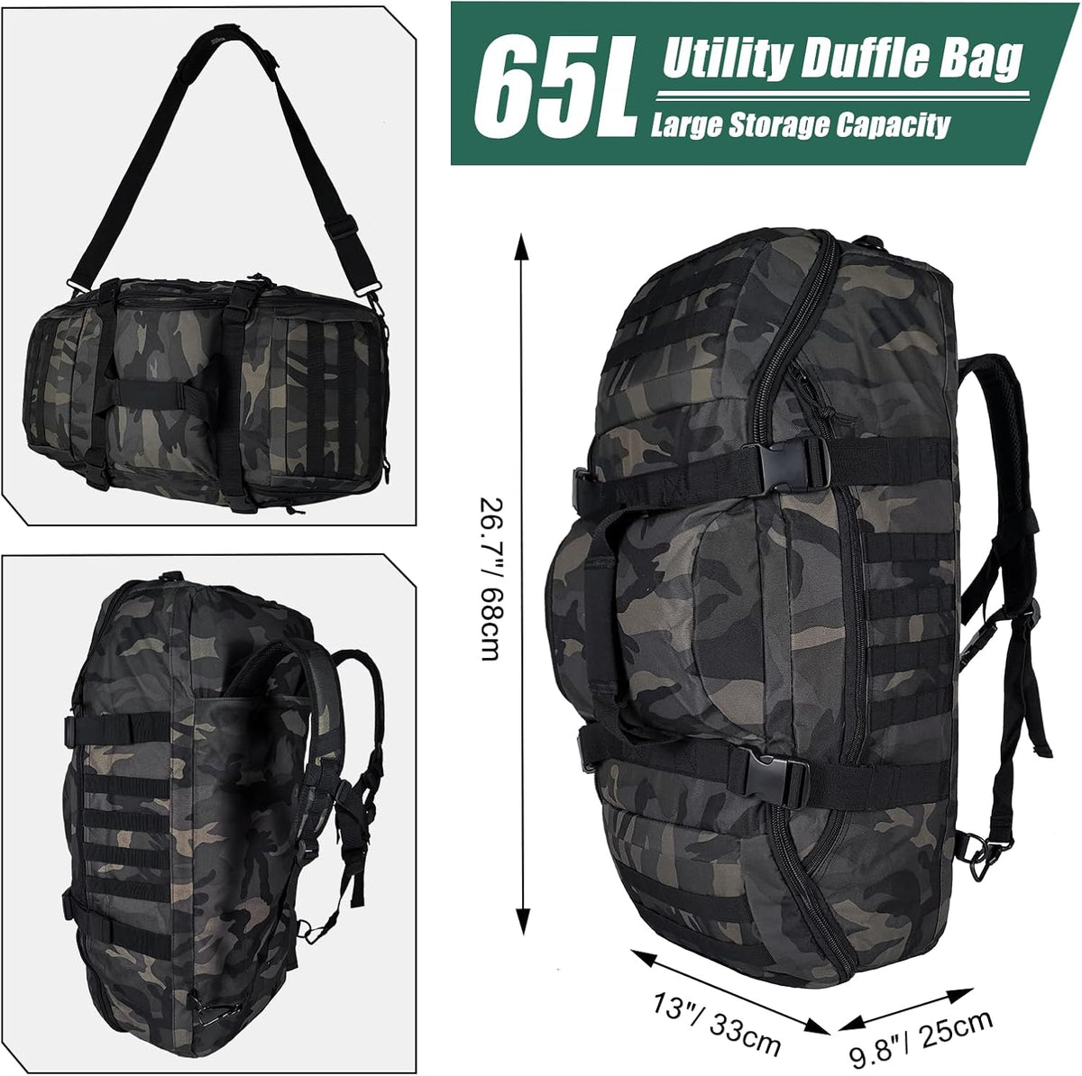 65L Large Duffle Bag, 3-in-1 Tactical Backpack MOLLE Pack for Sports, Gym, Outdoor, Black