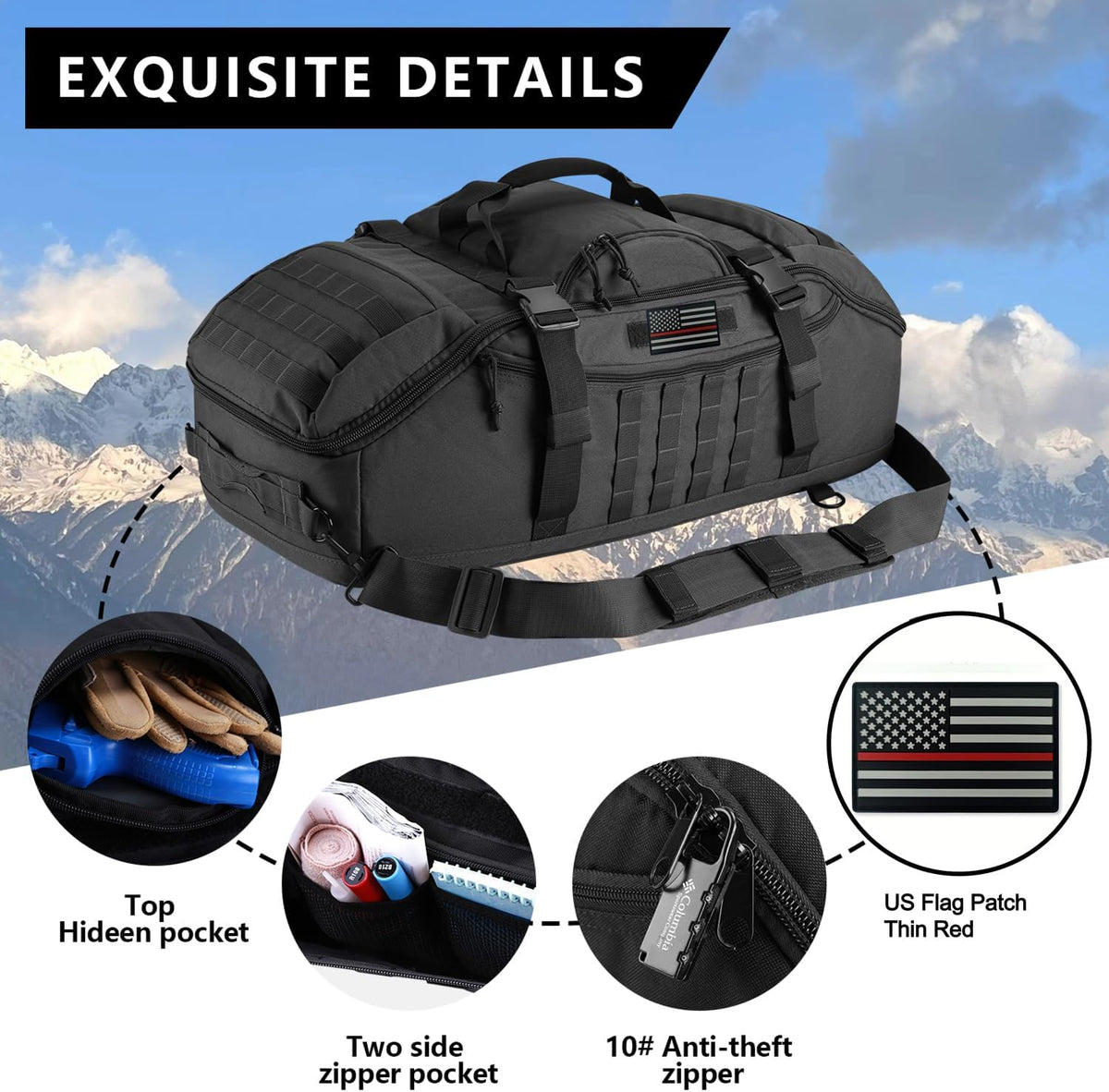 65L Large Duffle Bag, 3-in-1 Tactical Backpack MOLLE Pack for Sports, Gym, Outdoor, Black