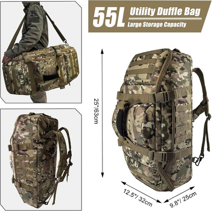 65L Large Duffle Bag, 3-in-1 Tactical Backpack MOLLE Pack for Sports, Gym, Outdoor, Black