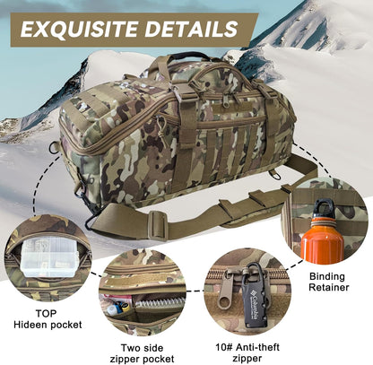 65L Large Duffle Bag, 3-in-1 Tactical Backpack MOLLE Pack for Sports, Gym, Outdoor, Black