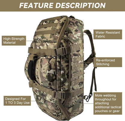 65L Large Duffle Bag, 3-in-1 Tactical Backpack MOLLE Pack for Sports, Gym, Outdoor, Black