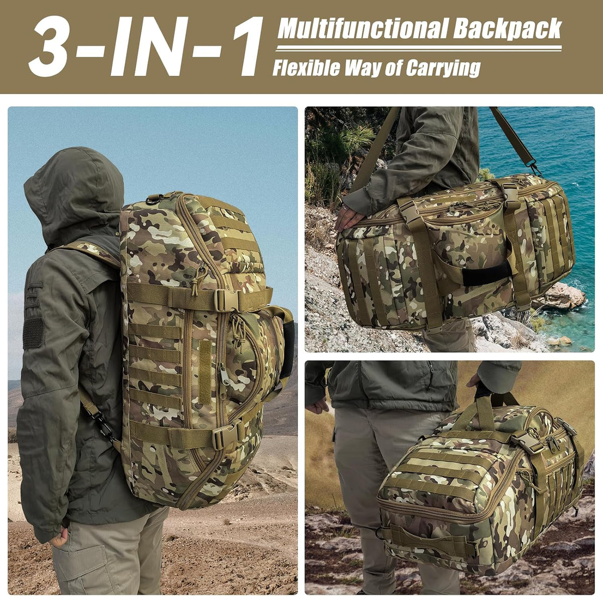 65L Large Duffle Bag, 3-in-1 Tactical Backpack MOLLE Pack for Sports, Gym, Outdoor, Black