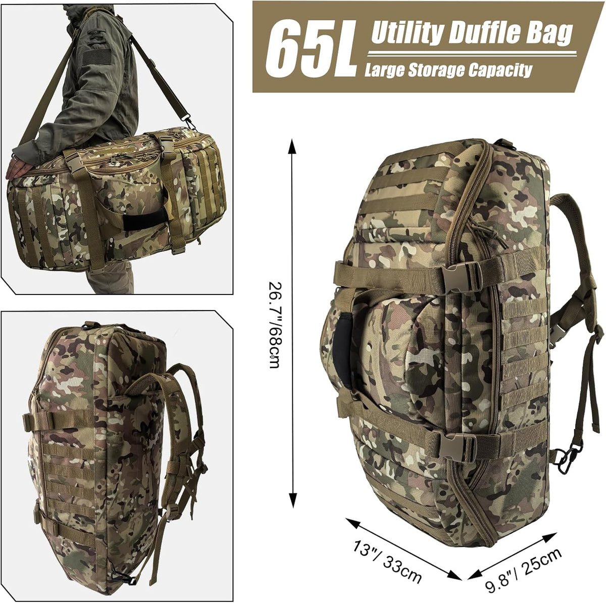 65L Large Duffle Bag, 3-in-1 Tactical Backpack MOLLE Pack for Sports, Gym, Outdoor, Black