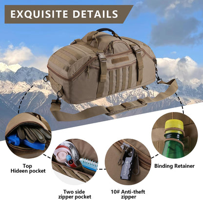 65L Large Duffle Bag, 3-in-1 Tactical Backpack MOLLE Pack for Sports, Gym, Outdoor, Black