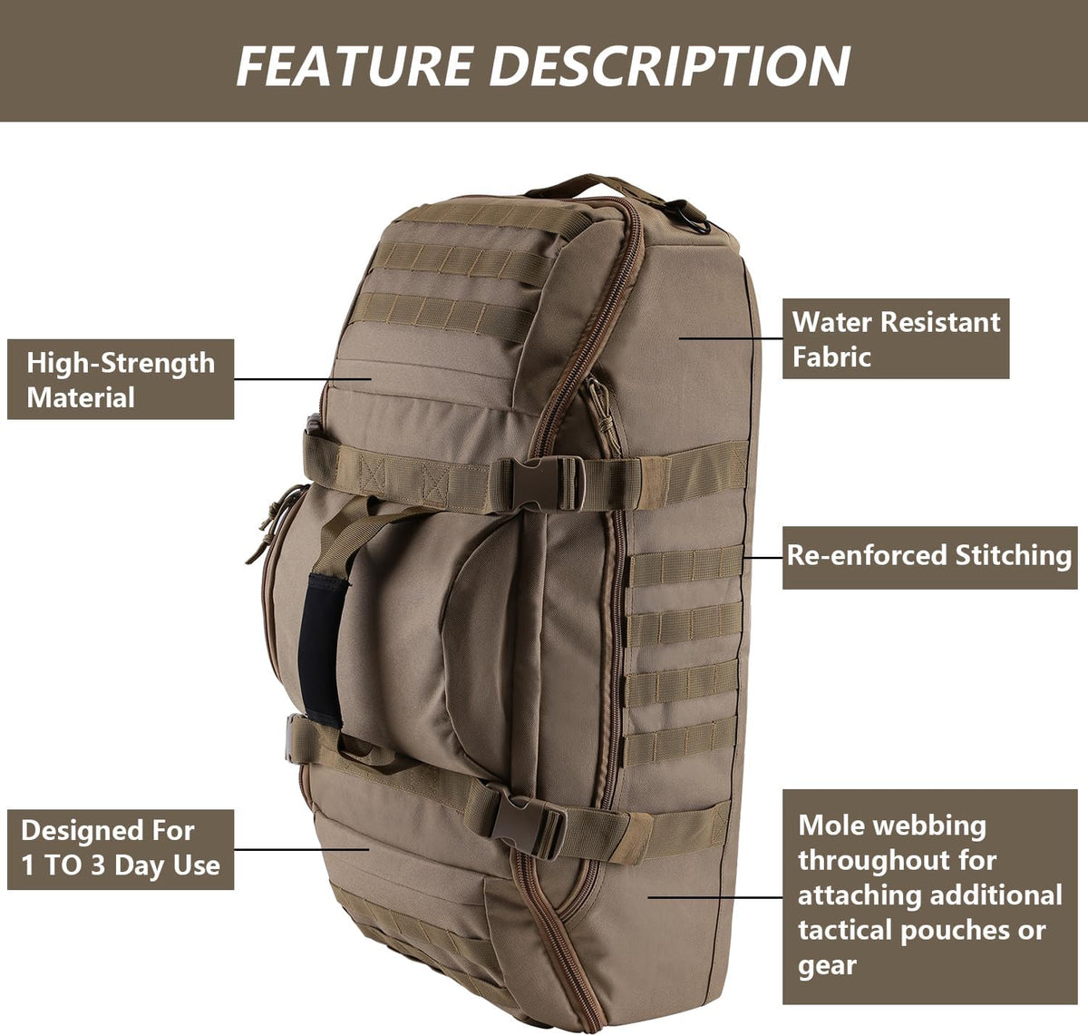 65L Large Duffle Bag, 3-in-1 Tactical Backpack MOLLE Pack for Sports, Gym, Outdoor, Black