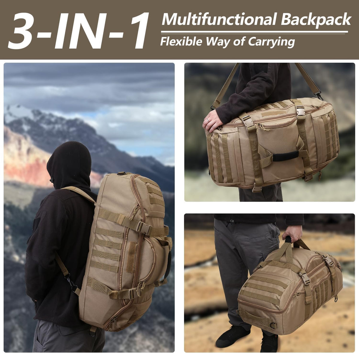 65L Large Duffle Bag, 3-in-1 Tactical Backpack MOLLE Pack for Sports, Gym, Outdoor, Black