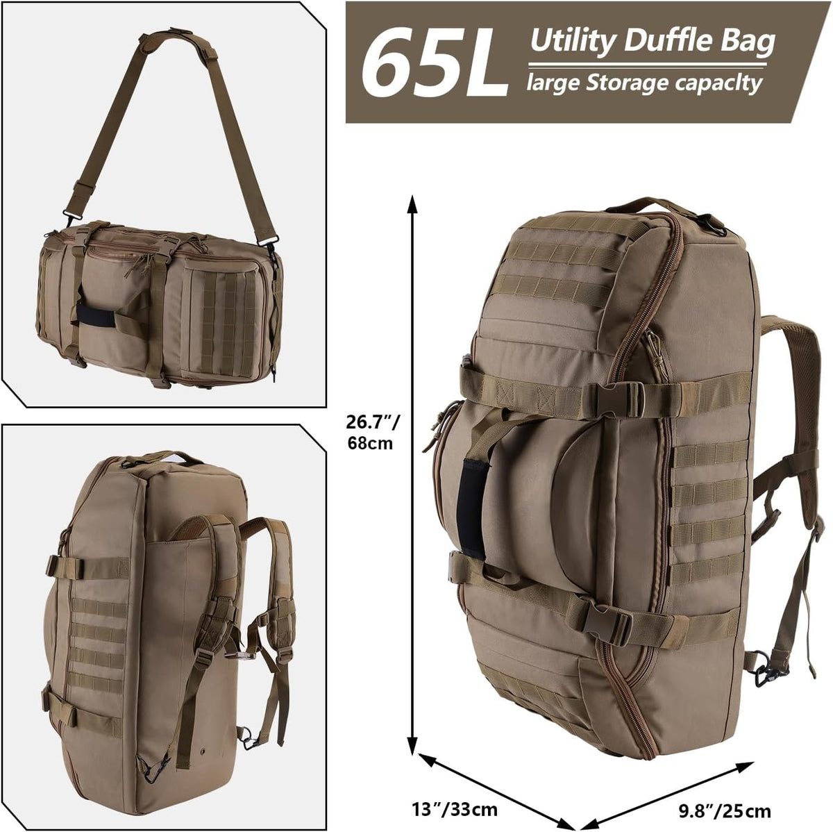 65L Large Duffle Bag, 3-in-1 Tactical Backpack MOLLE Pack for Sports, Gym, Outdoor, Black