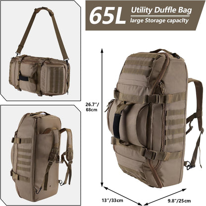65L Large Duffle Bag, 3-in-1 Tactical Backpack MOLLE Pack for Sports, Gym, Outdoor, Black