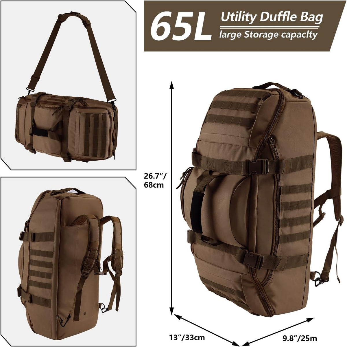 65L Large Duffle Bag, 3-in-1 Tactical Backpack MOLLE Pack for Sports, Gym, Outdoor, Black