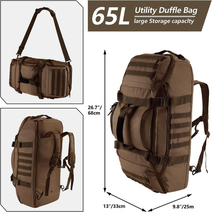 65L Large Duffle Bag, 3-in-1 Tactical Backpack MOLLE Pack for Sports, Gym, Outdoor, Black