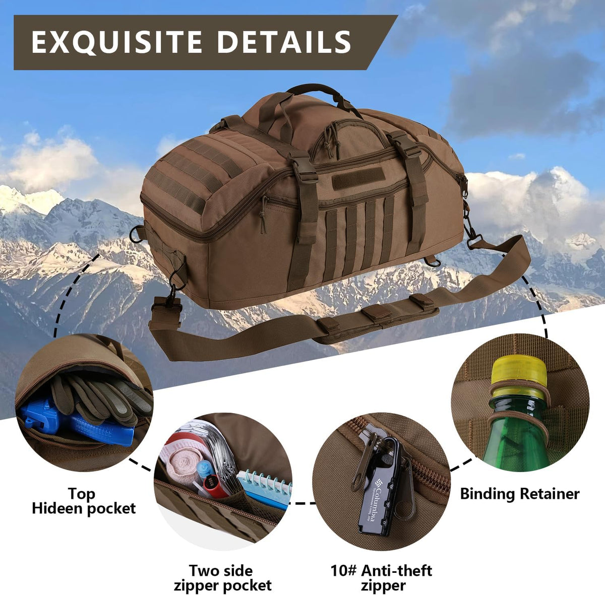 65L Large Duffle Bag, 3-in-1 Tactical Backpack MOLLE Pack for Sports, Gym, Outdoor, Black