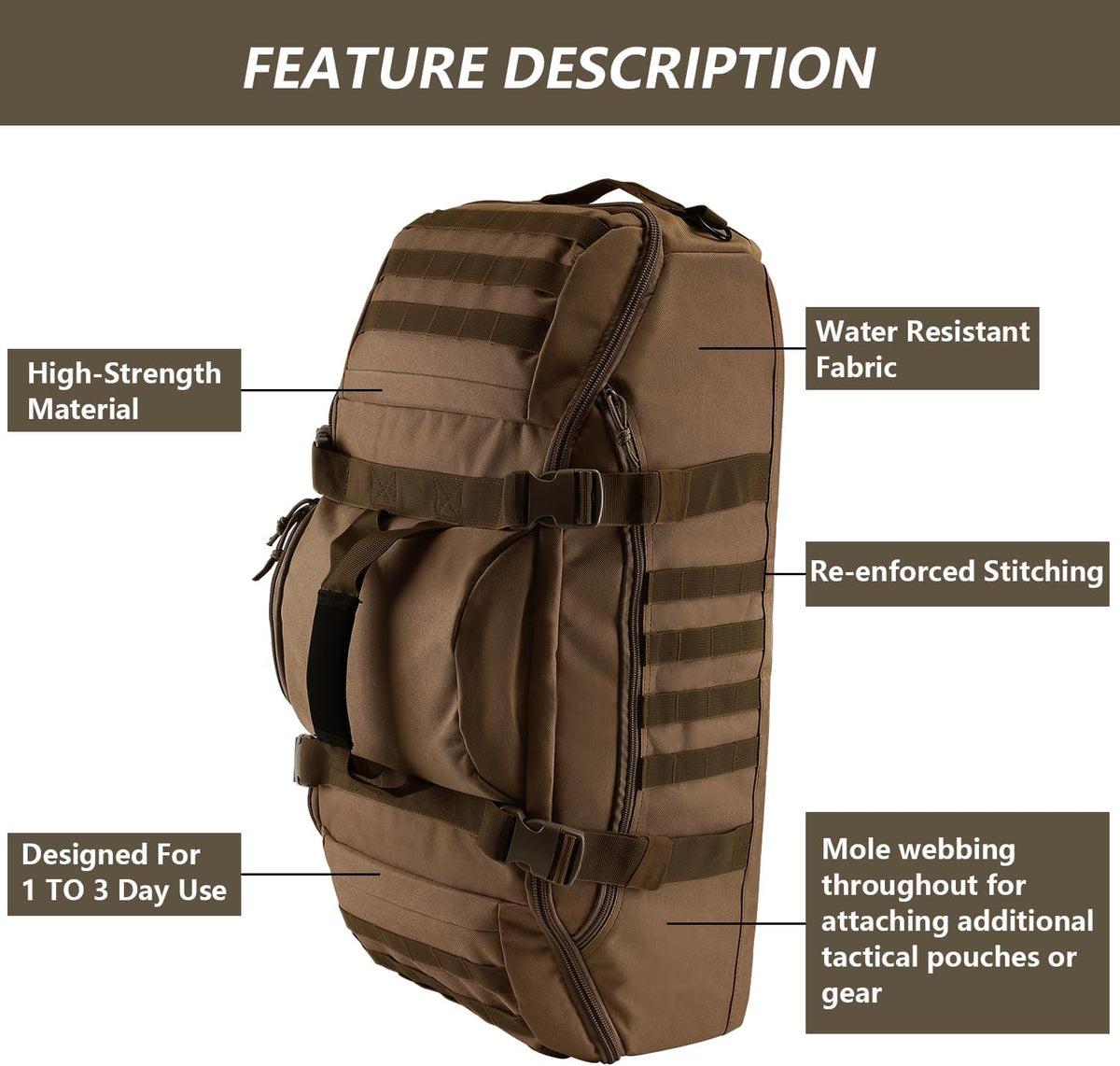 65L Large Duffle Bag, 3-in-1 Tactical Backpack MOLLE Pack for Sports, Gym, Outdoor, Black