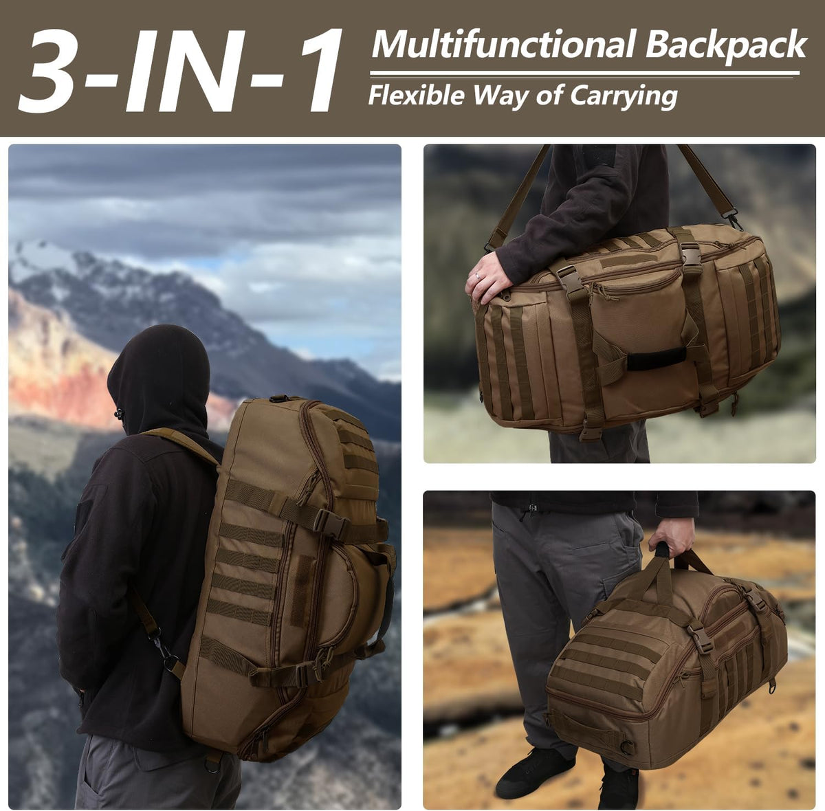 65L Large Duffle Bag, 3-in-1 Tactical Backpack MOLLE Pack for Sports, Gym, Outdoor, Black