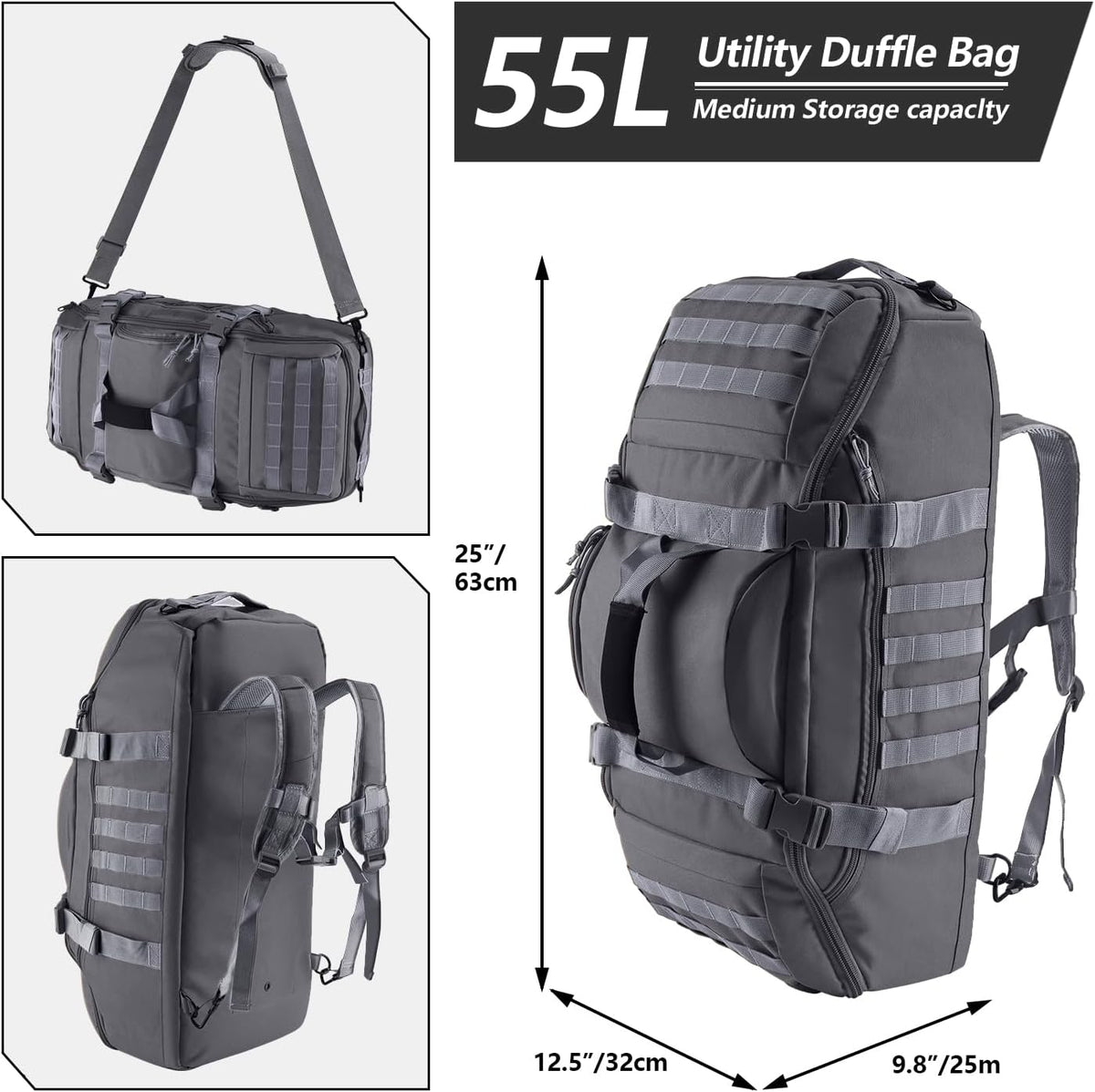 65L Large Duffle Bag, 3-in-1 Tactical Backpack MOLLE Pack for Sports, Gym, Outdoor, Black