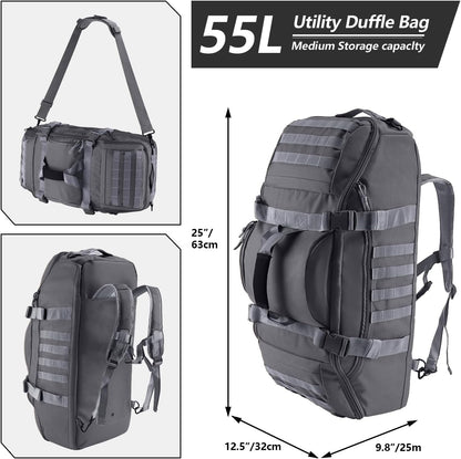 65L Large Duffle Bag, 3-in-1 Tactical Backpack MOLLE Pack for Sports, Gym, Outdoor, Black