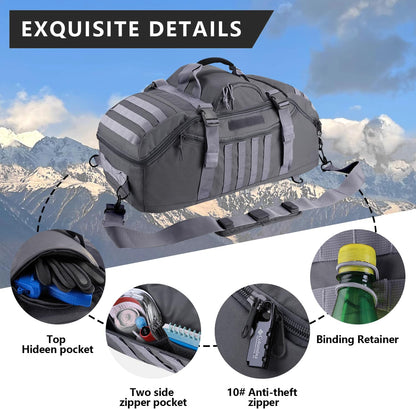 65L Large Duffle Bag, 3-in-1 Tactical Backpack MOLLE Pack for Sports, Gym, Outdoor, Black
