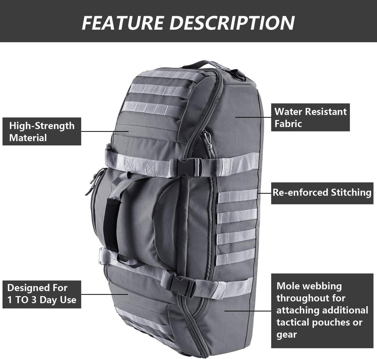 65L Large Duffle Bag, 3-in-1 Tactical Backpack MOLLE Pack for Sports, Gym, Outdoor, Black