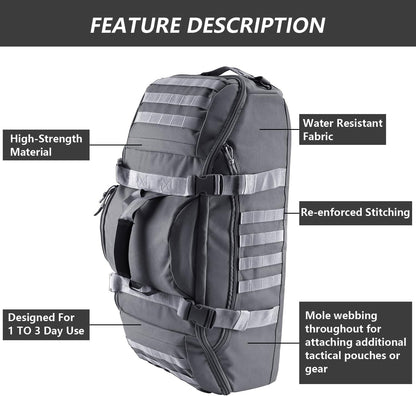 65L Large Duffle Bag, 3-in-1 Tactical Backpack MOLLE Pack for Sports, Gym, Outdoor, Black