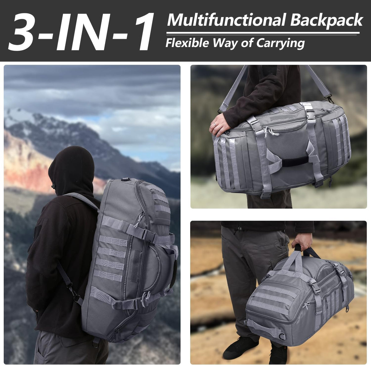 65L Large Duffle Bag, 3-in-1 Tactical Backpack MOLLE Pack for Sports, Gym, Outdoor, Black