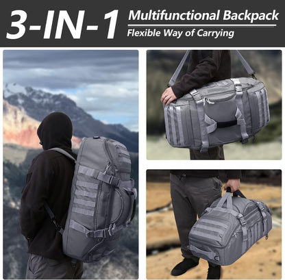 65L Large Duffle Bag, 3-in-1 Tactical Backpack MOLLE Pack for Sports, Gym, Outdoor, Black