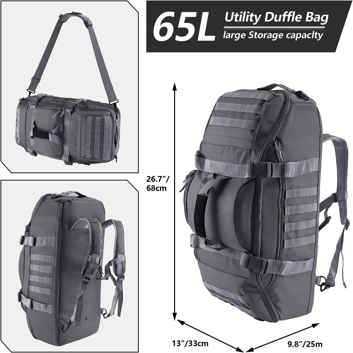 65L Large Duffle Bag, 3-in-1 Tactical Backpack MOLLE Pack for Sports, Gym, Outdoor, Black
