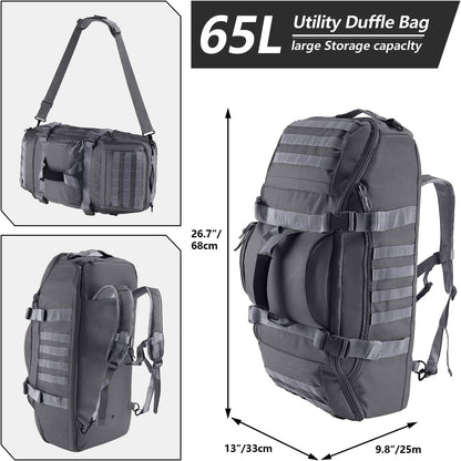 65L Large Duffle Bag, 3-in-1 Tactical Backpack MOLLE Pack for Sports, Gym, Outdoor, Black