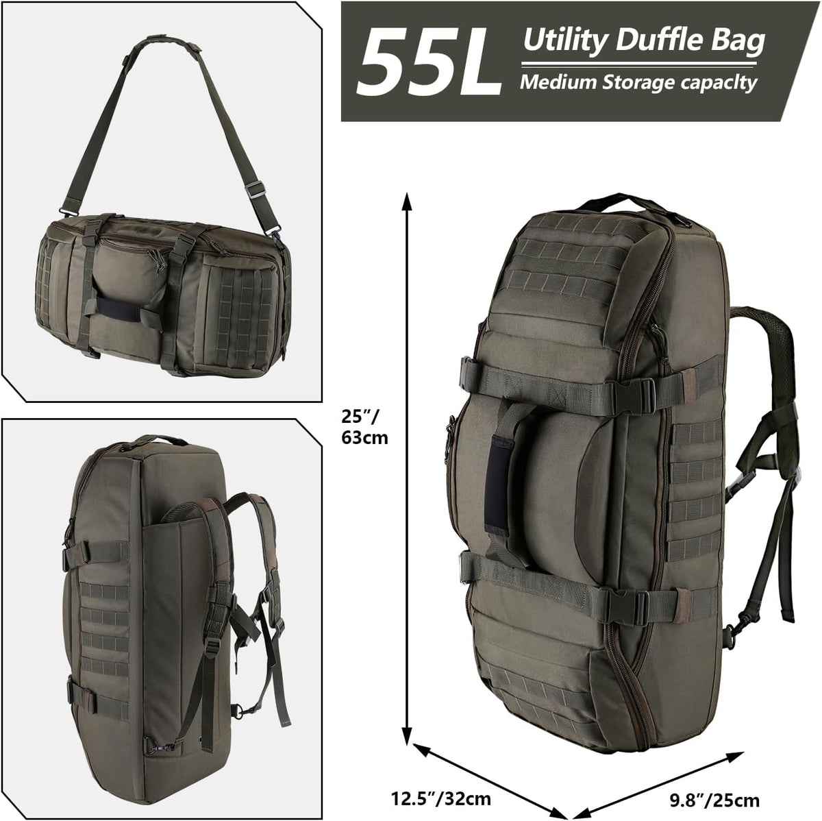 65L Large Duffle Bag, 3-in-1 Tactical Backpack MOLLE Pack for Sports, Gym, Outdoor, Black
