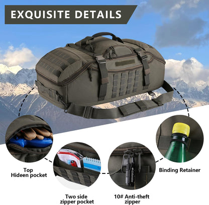 65L Large Duffle Bag, 3-in-1 Tactical Backpack MOLLE Pack for Sports, Gym, Outdoor, Black