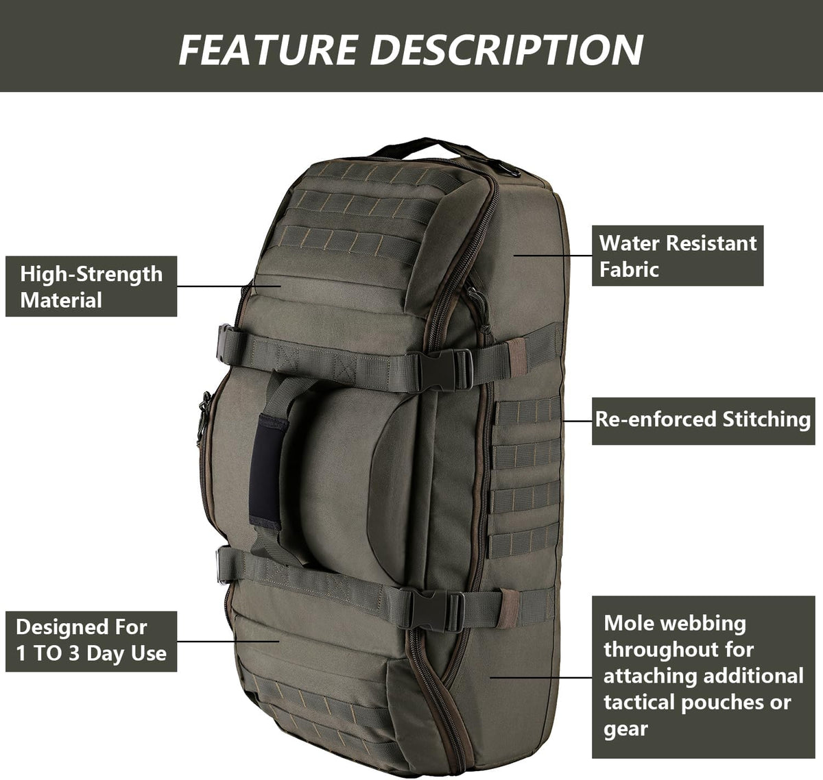 65L Large Duffle Bag, 3-in-1 Tactical Backpack MOLLE Pack for Sports, Gym, Outdoor, Black
