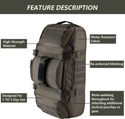 65L Large Duffle Bag, 3-in-1 Tactical Backpack MOLLE Pack for Sports, Gym, Outdoor, Black