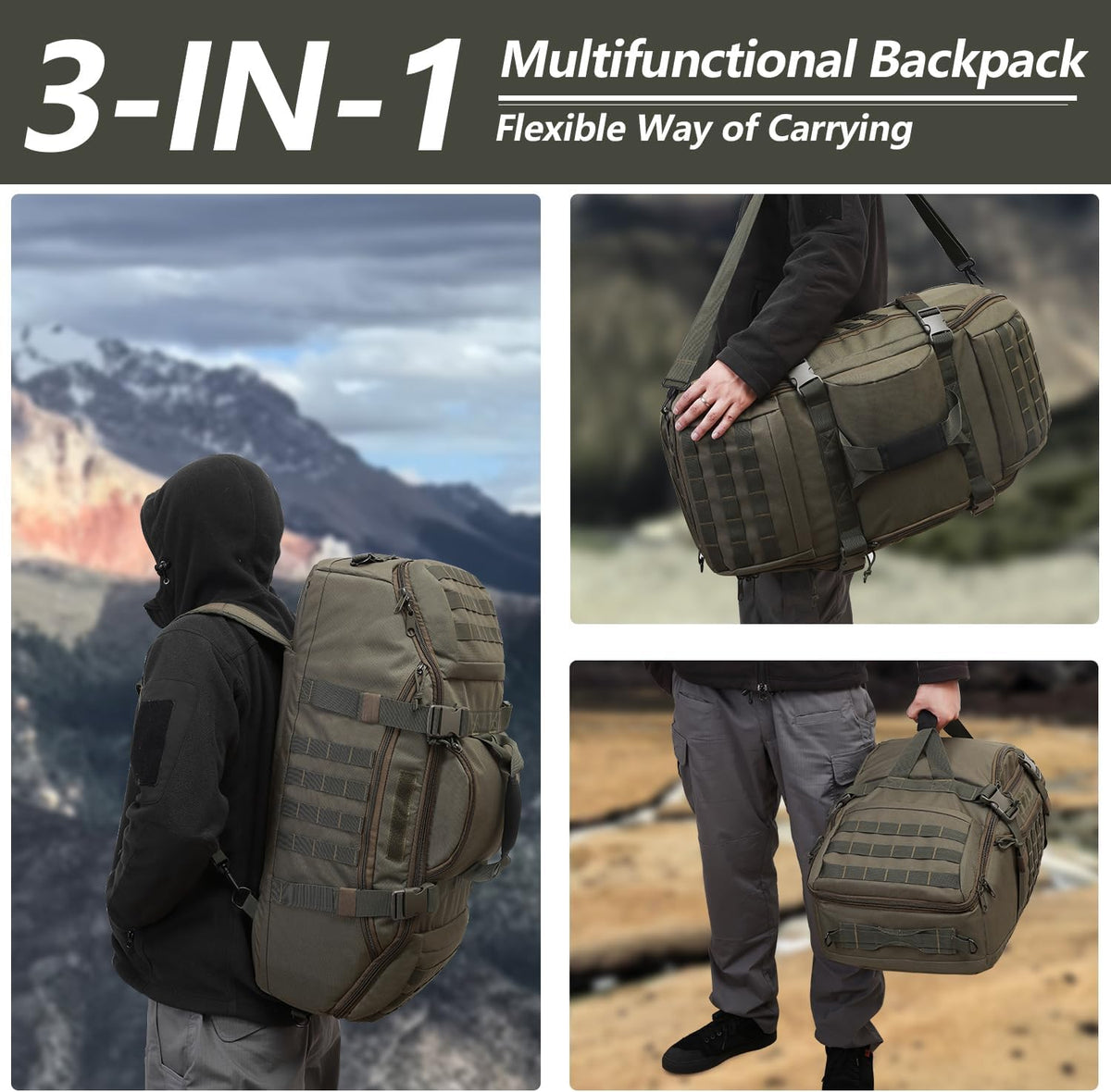 65L Large Duffle Bag, 3-in-1 Tactical Backpack MOLLE Pack for Sports, Gym, Outdoor, Black
