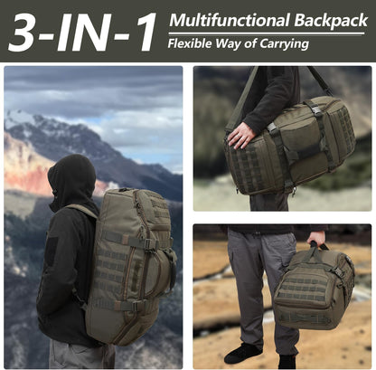 65L Large Duffle Bag, 3-in-1 Tactical Backpack MOLLE Pack for Sports, Gym, Outdoor, Black