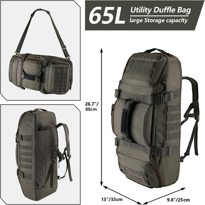 65L Large Duffle Bag, 3-in-1 Tactical Backpack MOLLE Pack for Sports, Gym, Outdoor, Black