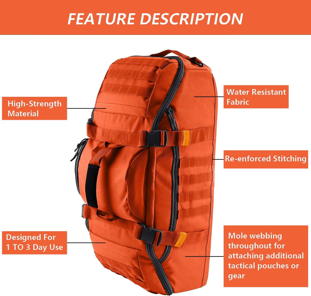 65L Large Duffle Bag, 3-in-1 Tactical Backpack MOLLE Pack for Sports, Gym, Outdoor, Black