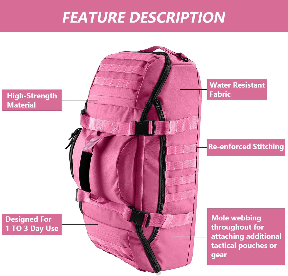 65L Large Duffle Bag, 3-in-1 Tactical Backpack MOLLE Pack for Sports, Gym, Outdoor, Black