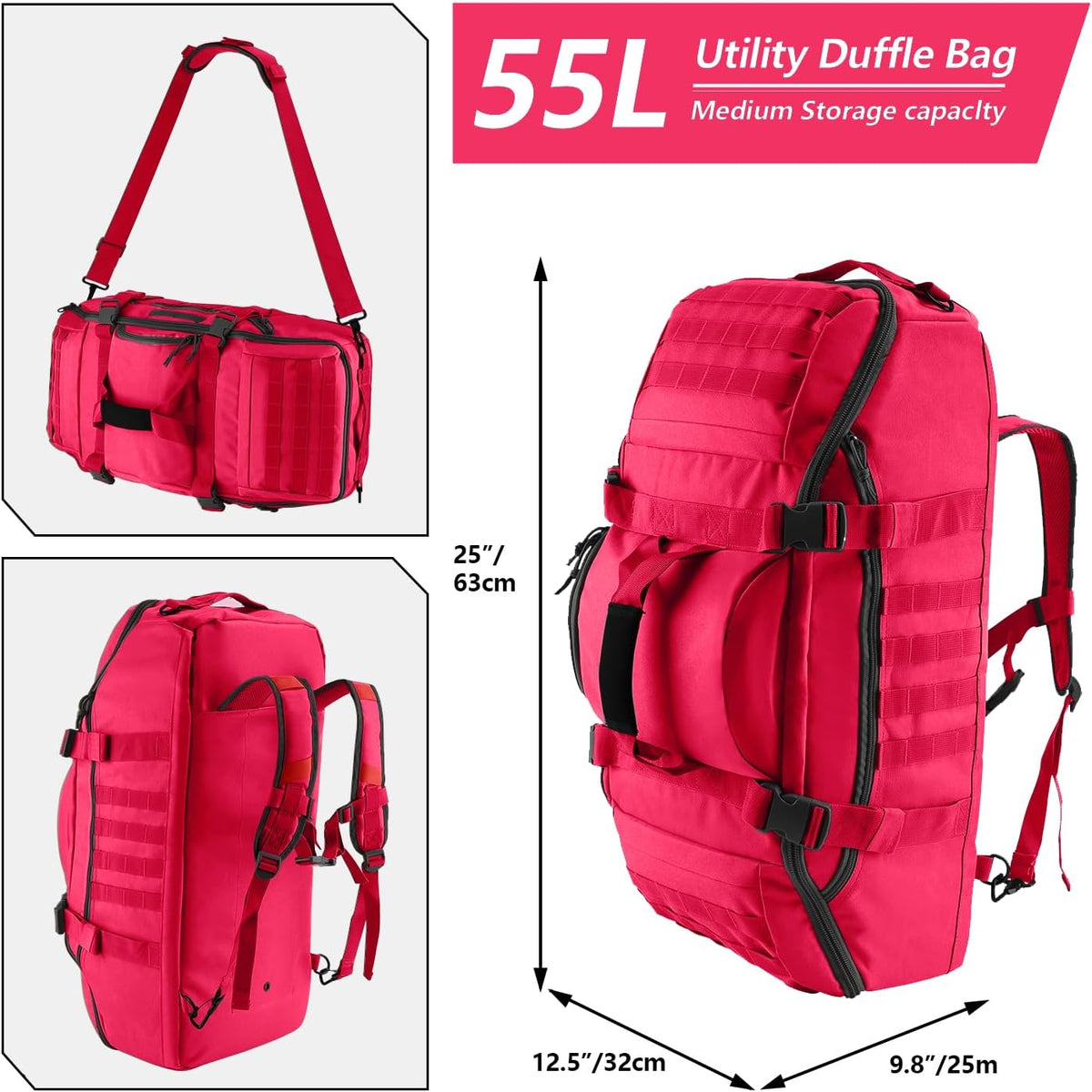 65L Large Duffle Bag, 3-in-1 Tactical Backpack MOLLE Pack for Sports, Gym, Outdoor, Black