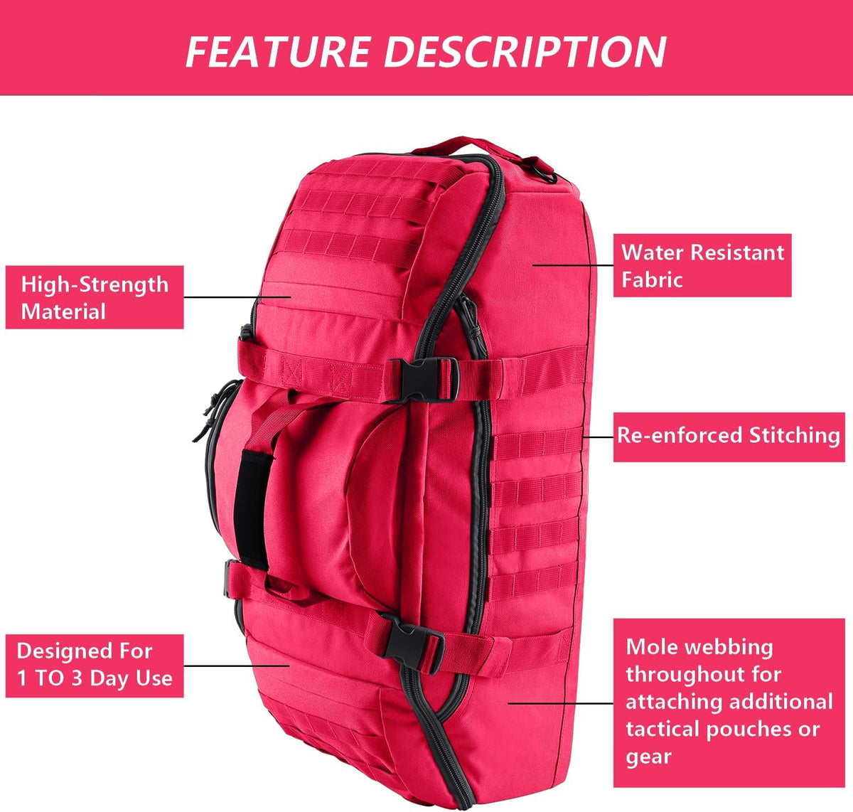 65L Large Duffle Bag, 3-in-1 Tactical Backpack MOLLE Pack for Sports, Gym, Outdoor, Black