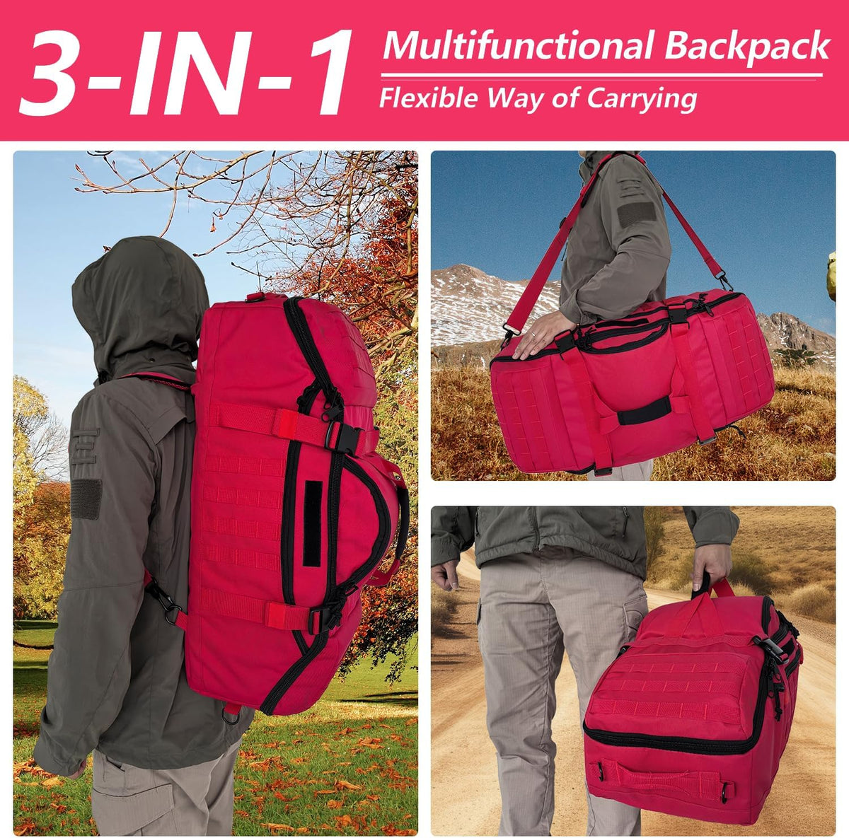 65L Large Duffle Bag, 3-in-1 Tactical Backpack MOLLE Pack for Sports, Gym, Outdoor, Black