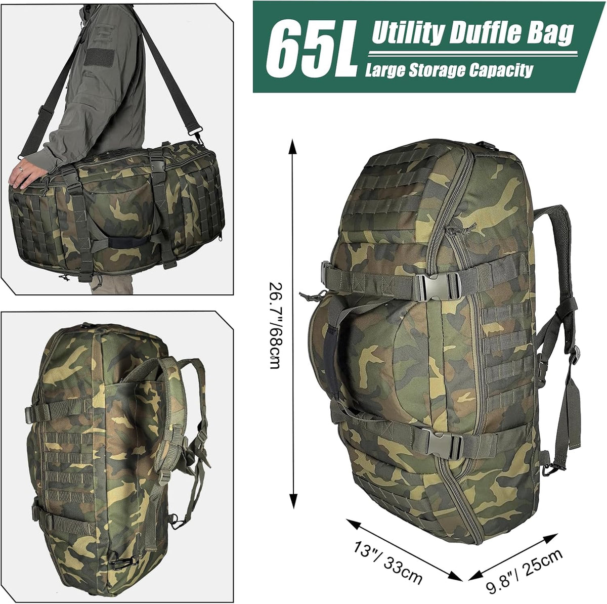 65L Large Duffle Bag, 3-in-1 Tactical Backpack MOLLE Pack for Sports, Gym, Outdoor, Black