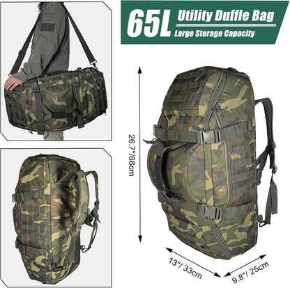65L Large Duffle Bag, 3-in-1 Tactical Backpack MOLLE Pack for Sports, Gym, Outdoor, Black
