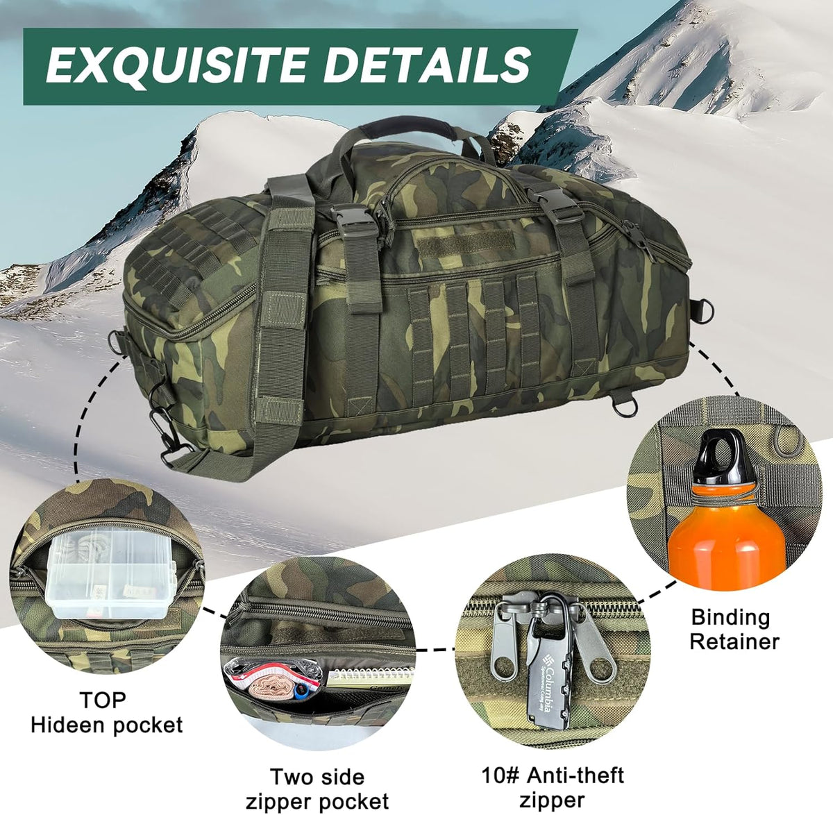 65L Large Duffle Bag, 3-in-1 Tactical Backpack MOLLE Pack for Sports, Gym, Outdoor, Black