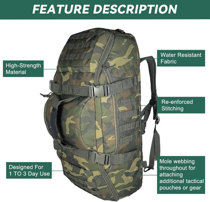 65L Large Duffle Bag, 3-in-1 Tactical Backpack MOLLE Pack for Sports, Gym, Outdoor, Black