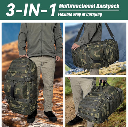 65L Large Duffle Bag, 3-in-1 Tactical Backpack MOLLE Pack for Sports, Gym, Outdoor, Black