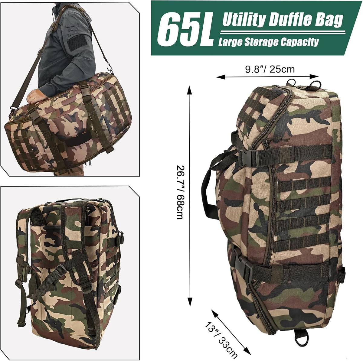 65L Large Duffle Bag, 3-in-1 Tactical Backpack MOLLE Pack for Sports, Gym, Outdoor, Black