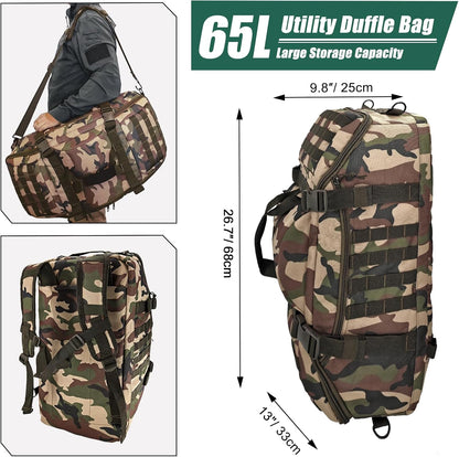 65L Large Duffle Bag, 3-in-1 Tactical Backpack MOLLE Pack for Sports, Gym, Outdoor, Black